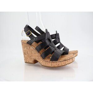 Born Bernese Womens Sandal Size 10 Black Leather Wedge Heel Open Toe Retro Caged